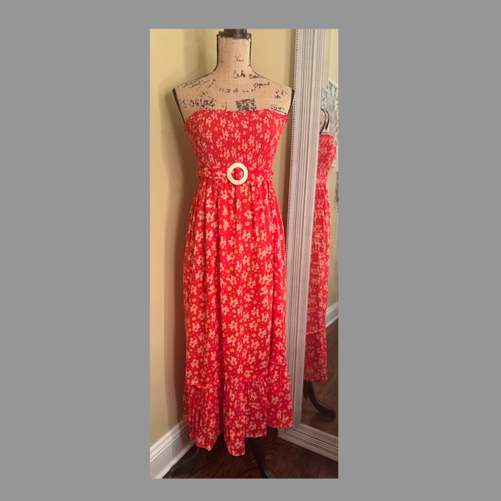 Red Floral Strapless Smocked Midi Dress with Ruffle Hem